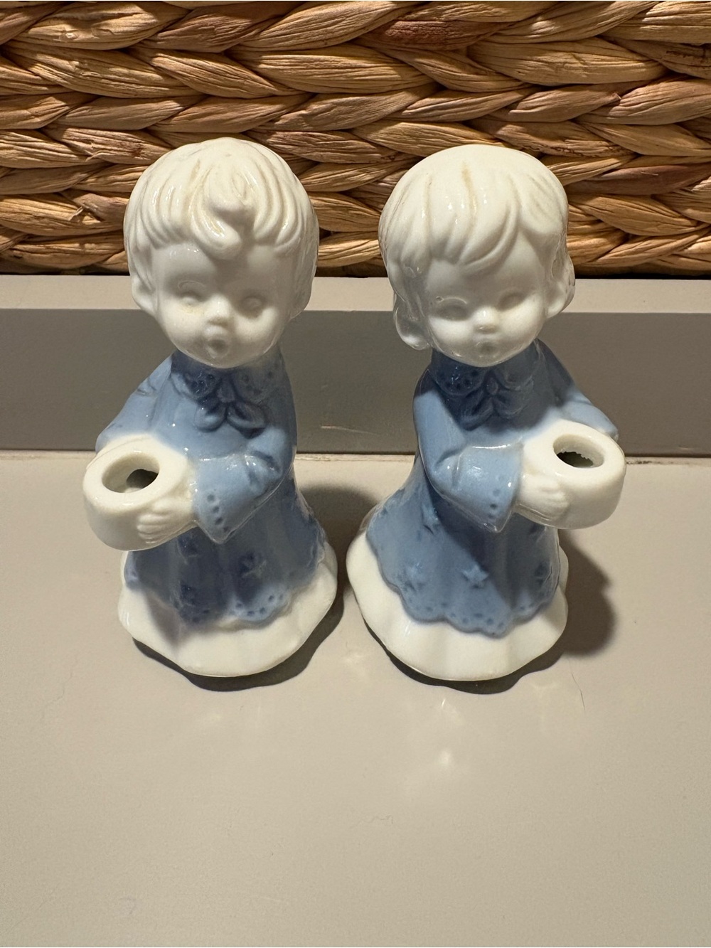2 Vtg 5” Twin Boy & Girl Figures Holding a Mini Candle made in Japan